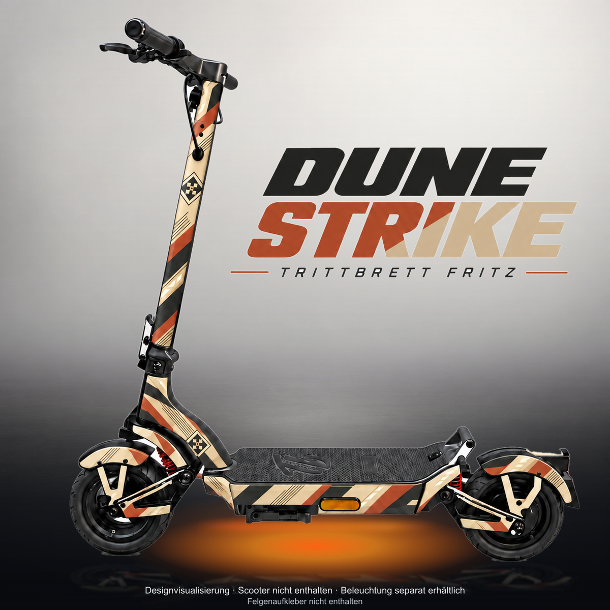 TRITTBRETT FRITZ SKIN | DUNE STRIKE – Studiofoto mit Licht in der Skinfarbe; Scooter und Beleuchtung separat erhältlich