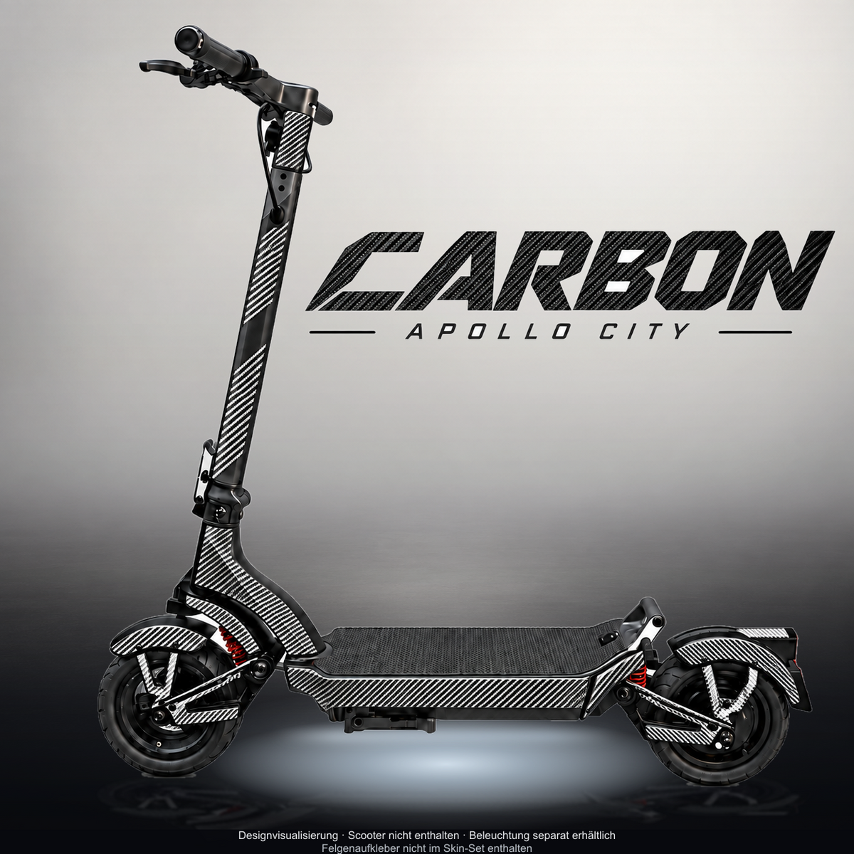 APOLLO CITY / CITY PRO (2022–2024) SKIN | CARBON – Designvisualisierung mit Licht in der Skinfarbe; Scooter nicht enthalten, Beleuchtung separat erhältlich