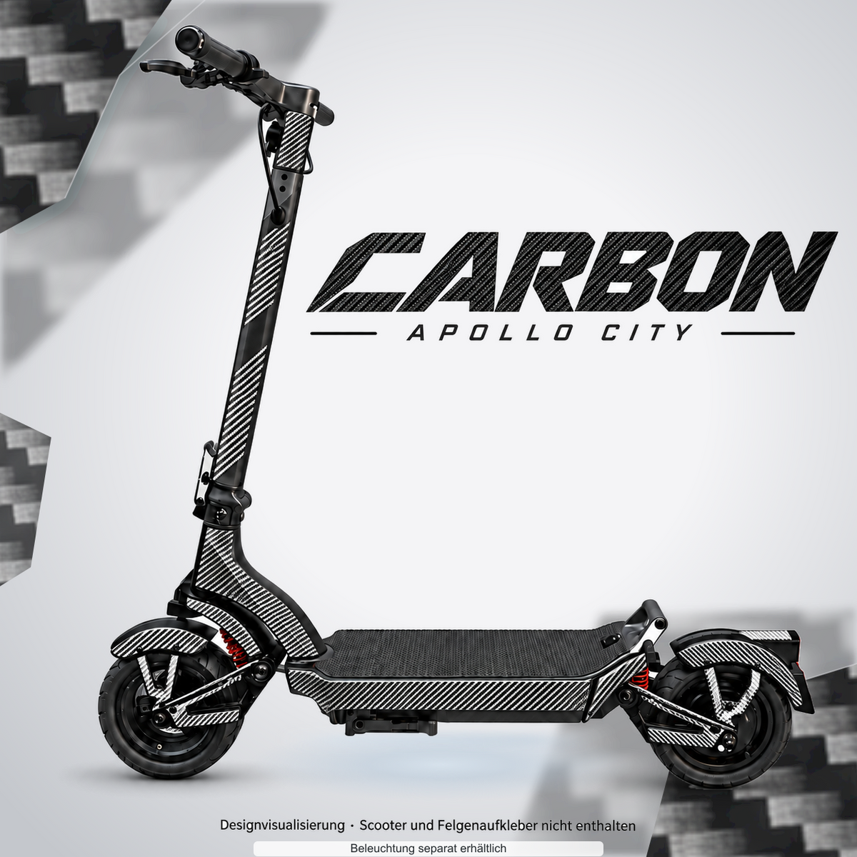 APOLLO CITY / CITY PRO (2022–2024) SKIN | CARBON – Designvisualisierung mit optionalem Lichteffekt. Beleuchtung und Reifenaufkleber separat erhältlich. Scooter nicht enthalten.