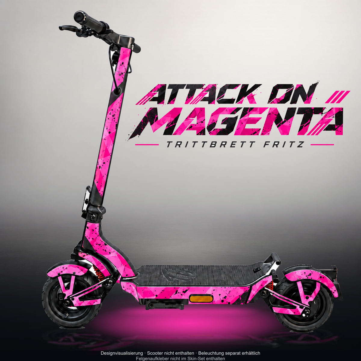 TRITTBRETT FRITZ SKIN | ATTACK ON MAGENTA – Designvisualisierung mit Licht in der Skinfarbe; Scooter nicht enthalten, Beleuchtung separat erhältlich