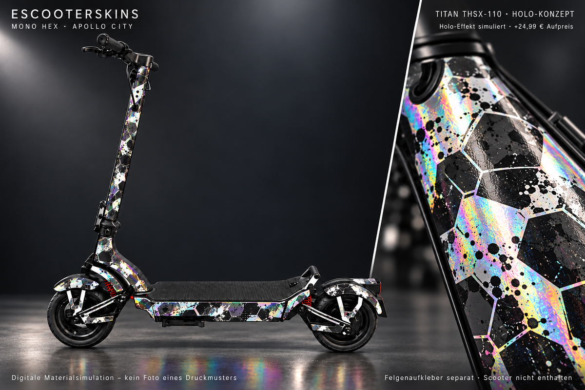 APOLLO CITY / CITY PRO (2022–2024) SKIN | MONO HEX – Holo-Effekt simuliert; +24,99 EUR Aufpreis. Digitale Materialsimulation, keine physische Druckprobe. Nur Body-Skin; Scooter und Felgenaufkleber nicht enthalten.