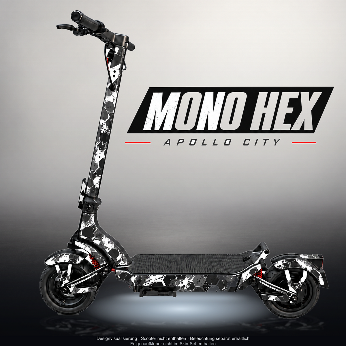 APOLLO CITY / CITY PRO (2022–2024) SKIN | MONO HEX – Designvisualisierung mit Licht in der Skinfarbe; Scooter nicht enthalten, Beleuchtung separat erhältlich
