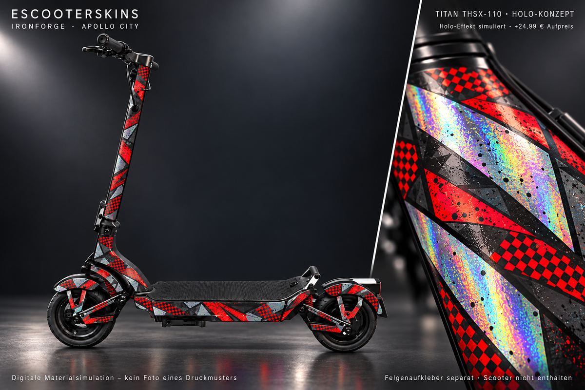 APOLLO CITY / CITY PRO (2022–2024) SKIN | IRONFORGE – Holo-Effekt simuliert; +24,99 EUR Aufpreis. Digitale Materialsimulation, keine physische Druckprobe. Nur Body-Skin; Scooter und Felgenaufkleber nicht enthalten.