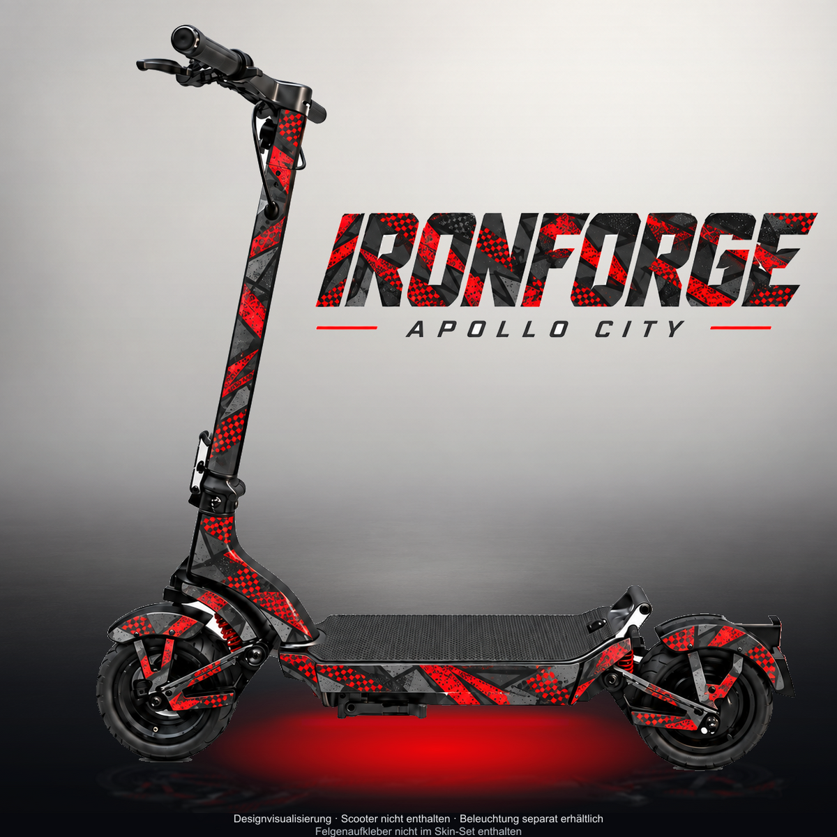 APOLLO CITY / CITY PRO (2022–2024) SKIN | IRONFORGE – Designvisualisierung mit Licht in der Skinfarbe; Scooter nicht enthalten, Beleuchtung separat erhältlich