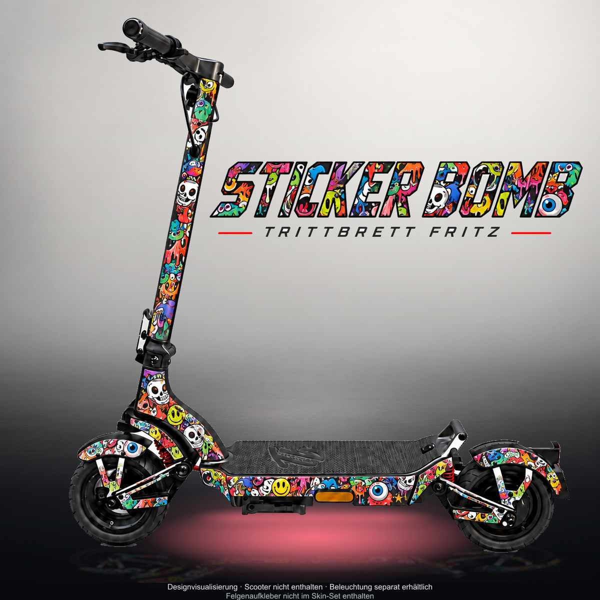 TRITTBRETT FRITZ SKIN | STICKER BOMB – Designvisualisierung mit Licht in der Skinfarbe; Scooter nicht enthalten, Beleuchtung separat erhältlich