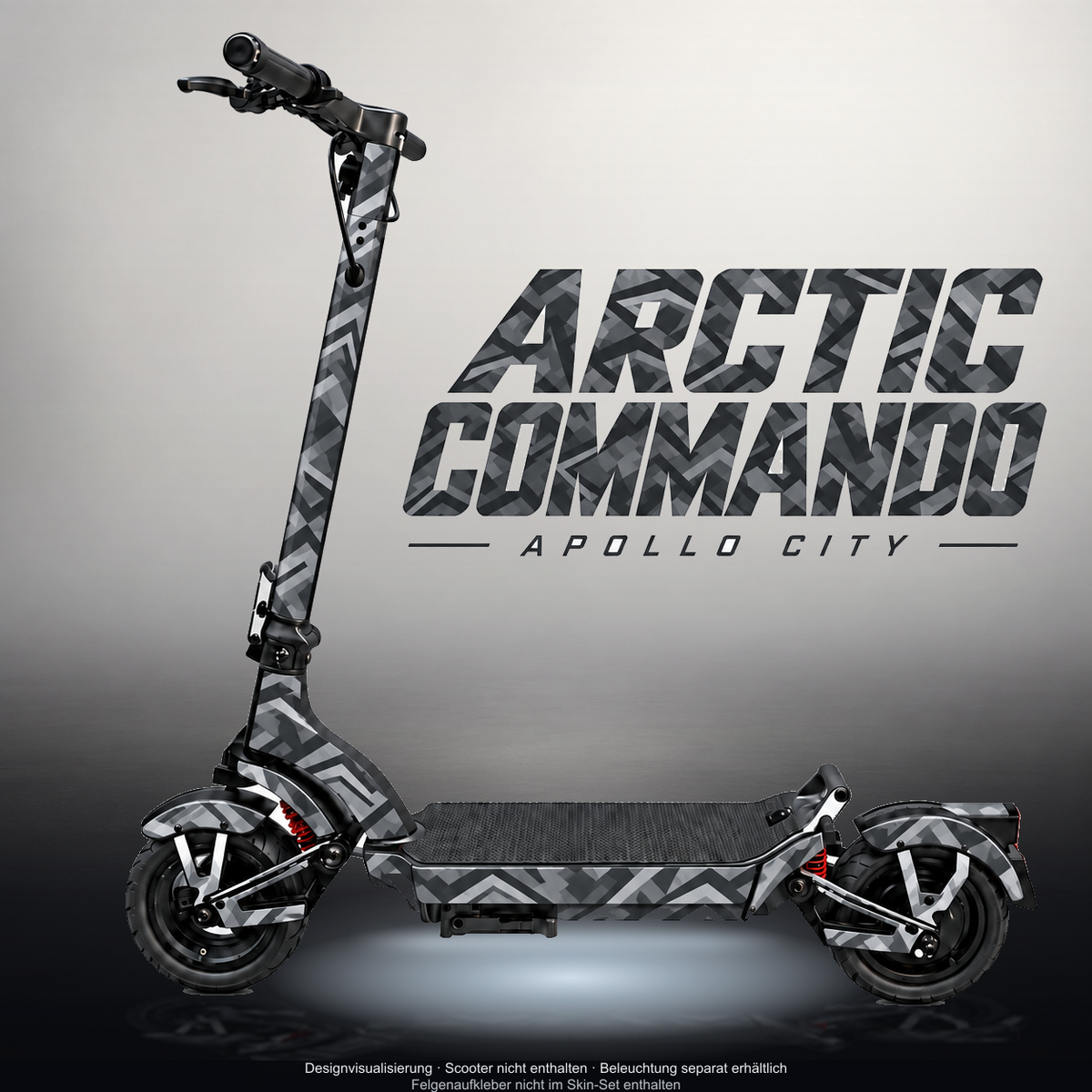 APOLLO CITY / CITY PRO (2022–2024) SKIN | ARCTIC COMMANDO – Designvisualisierung mit Licht in der Skinfarbe; Scooter nicht enthalten, Beleuchtung separat erhältlich