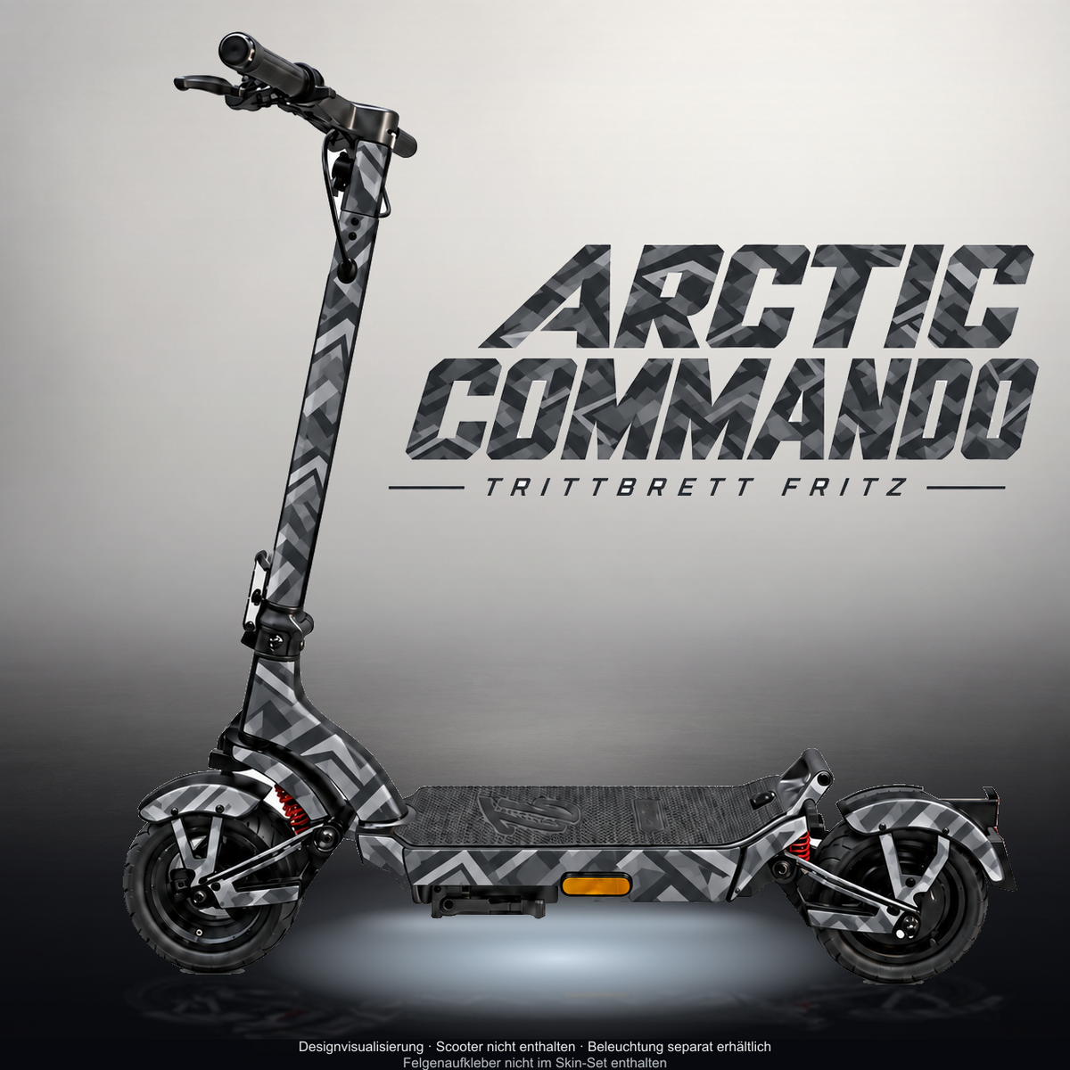 TRITTBRETT FRITZ SKIN | ARCTIC COMMANDO – Designvisualisierung mit Licht in der Skinfarbe; Scooter nicht enthalten, Beleuchtung separat erhältlich