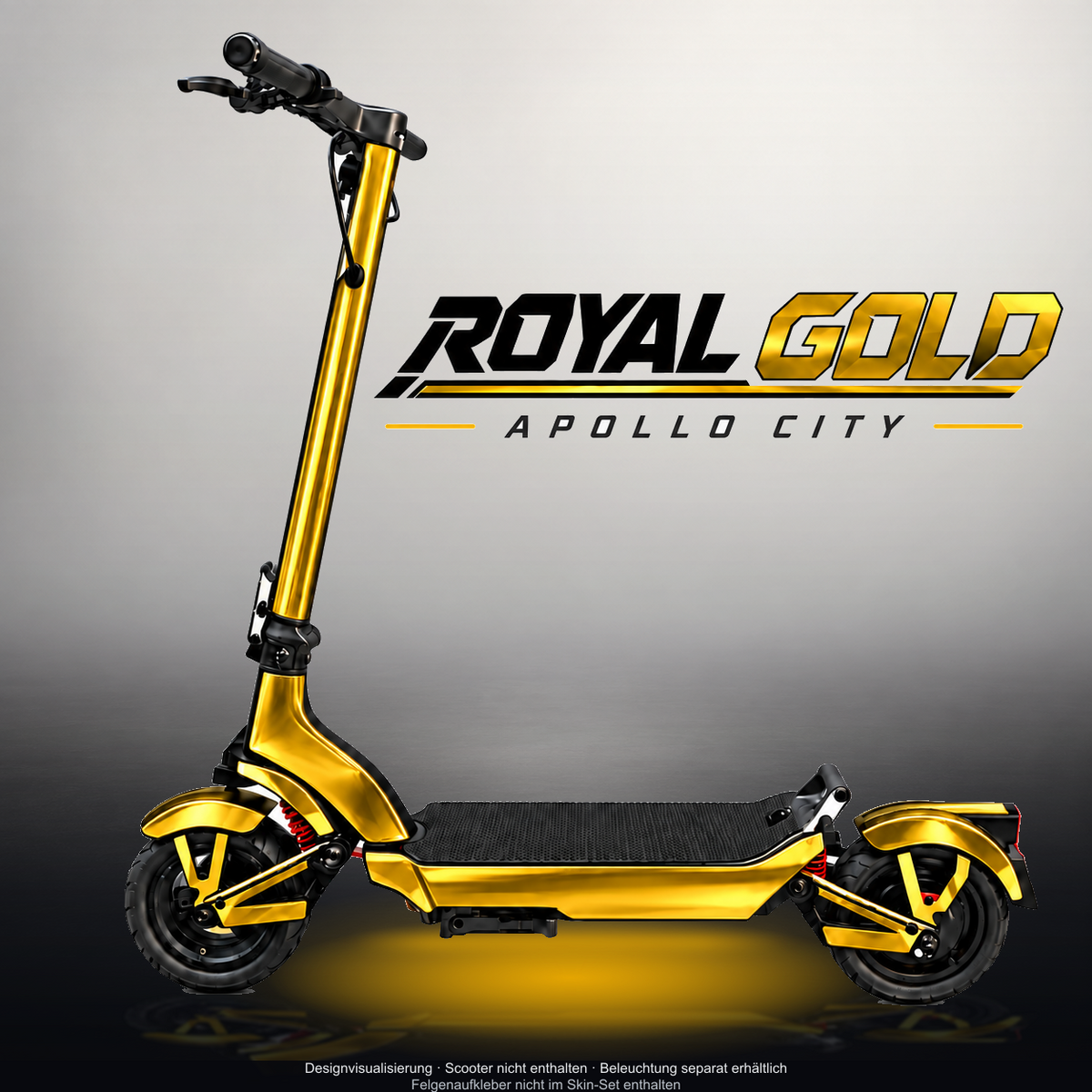 APOLLO CITY / CITY PRO (2022–2024) SKIN | ROYAL GOLD – Designvisualisierung mit Licht in der Skinfarbe; Scooter nicht enthalten, Beleuchtung separat erhältlich