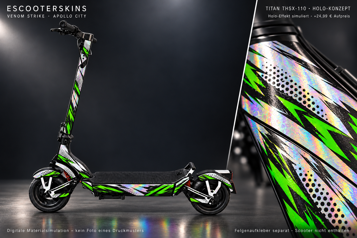 APOLLO CITY / CITY PRO (2022–2024) SKIN | VENOM STRIKE – Holo-Effekt simuliert; +24,99 EUR Aufpreis. Digitale Materialsimulation, keine physische Druckprobe. Nur Body-Skin; Scooter und Felgenaufkleber nicht enthalten.