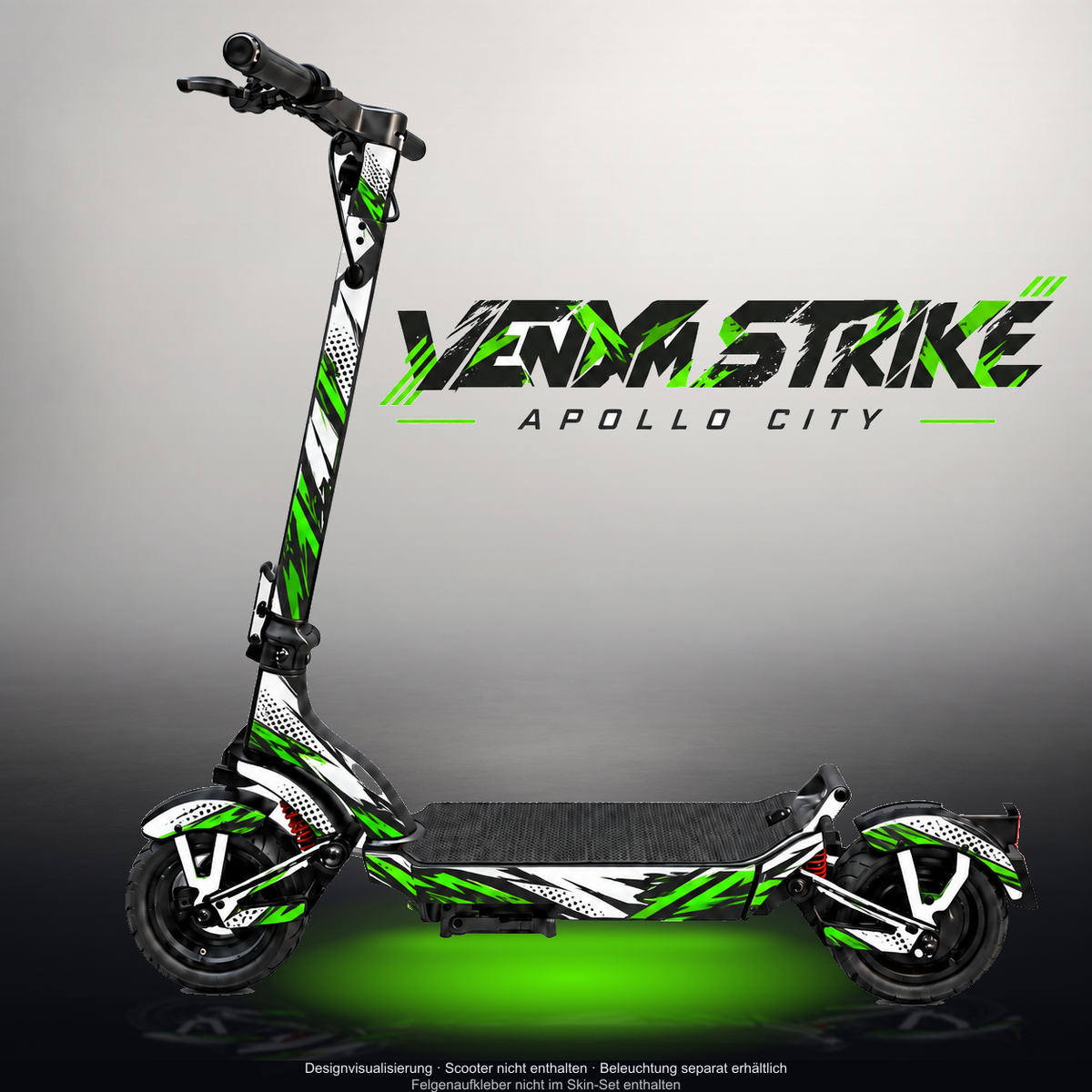 APOLLO CITY / CITY PRO (2022–2024) SKIN | VENOM STRIKE – Designvisualisierung mit Licht in der Skinfarbe; Scooter nicht enthalten, Beleuchtung separat erhältlich