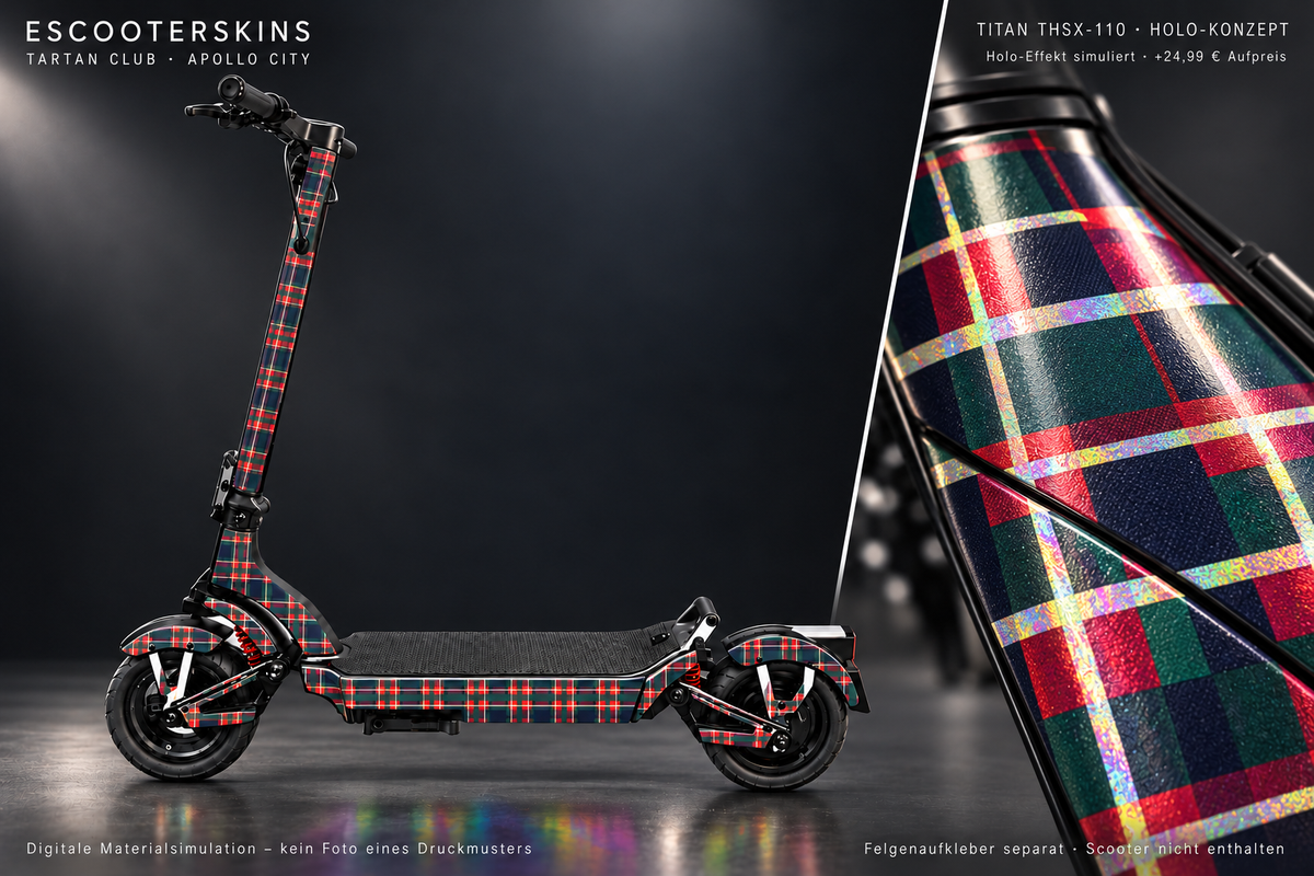 APOLLO CITY / CITY PRO (2022–2024) SKIN | TARTAN CLUB – Holo-Effekt simuliert; +24,99 EUR Aufpreis. Digitale Materialsimulation, keine physische Druckprobe. Nur Body-Skin; Scooter und Felgenaufkleber nicht enthalten.