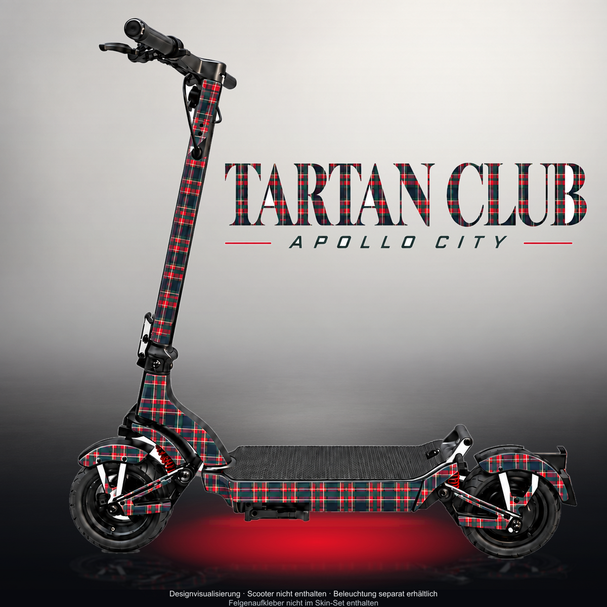 APOLLO CITY / CITY PRO (2022–2024) SKIN | TARTAN CLUB – Designvisualisierung mit Licht in der Skinfarbe; Scooter nicht enthalten, Beleuchtung separat erhältlich