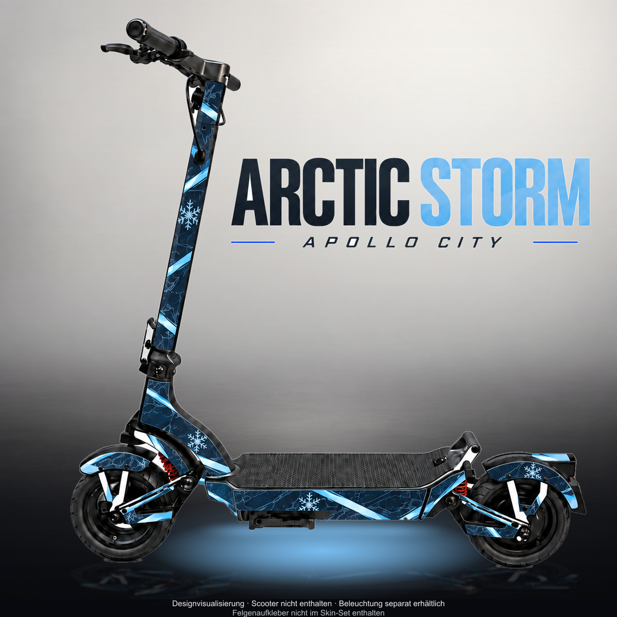 APOLLO CITY / CITY PRO (2022–2024) SKIN | ARCTIC STORM – Designvisualisierung mit Licht in der Skinfarbe; Scooter nicht enthalten, Beleuchtung separat erhältlich