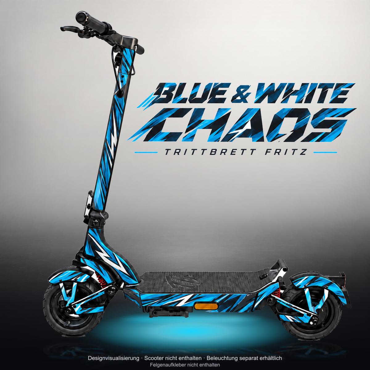 TRITTBRETT FRITZ SKIN | BLUE & WHITE CHAOS – Studiofoto mit Licht in der Skinfarbe; Scooter und Beleuchtung separat erhältlich