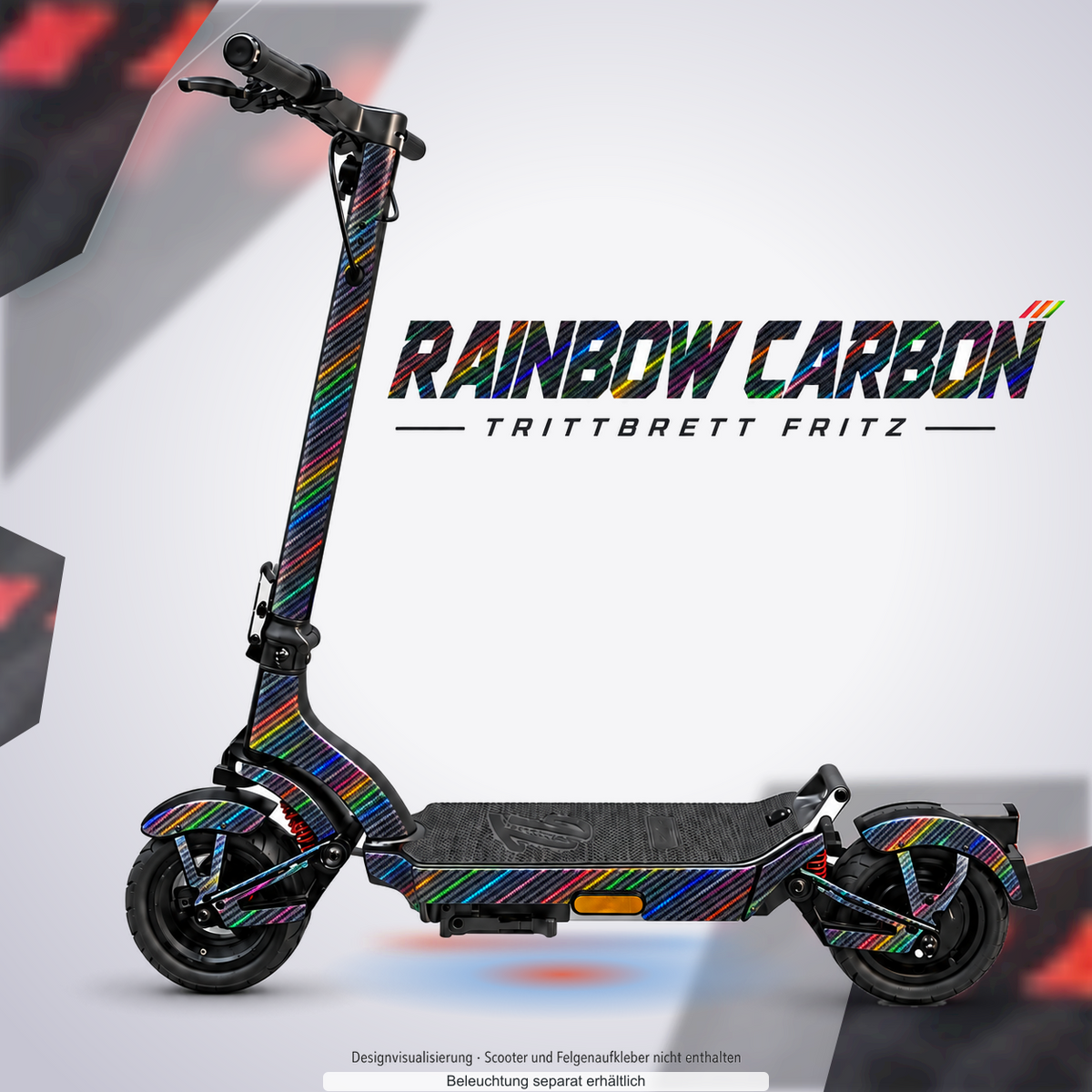 TRITTBRETT FRITZ SKIN | RAINBOW CARBON – Designvisualisierung mit optionalem Lichteffekt. Beleuchtung und Reifenaufkleber separat erhältlich. Scooter nicht enthalten.