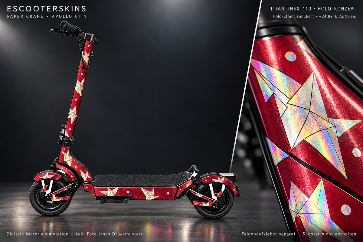APOLLO CITY / CITY PRO (2022–2024) SKIN | PAPER CRANE – Holo-Effekt simuliert; +24,99 EUR Aufpreis. Digitale Materialsimulation, keine physische Druckprobe. Nur Body-Skin; Scooter und Felgenaufkleber nicht enthalten.