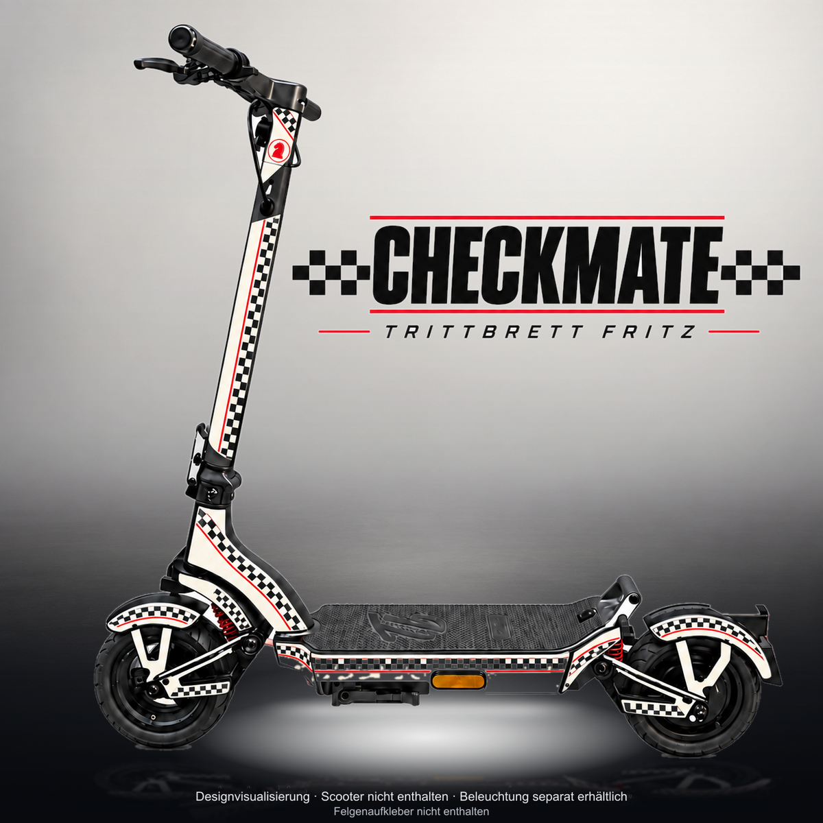 TRITTBRETT FRITZ SKIN | CHECKMATE – Studiofoto mit Licht in der Skinfarbe; Scooter und Beleuchtung separat erhältlich