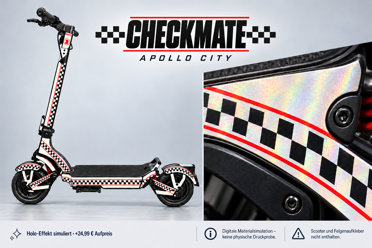 APOLLO CITY / CITY PRO (2022–2024) SKIN | CHECKMATE – Holo-Effekt simuliert; +24,99 EUR Aufpreis. Digitale Materialsimulation, keine physische Druckprobe. Nur Body-Skin; Scooter und Felgenaufkleber nicht enthalten.