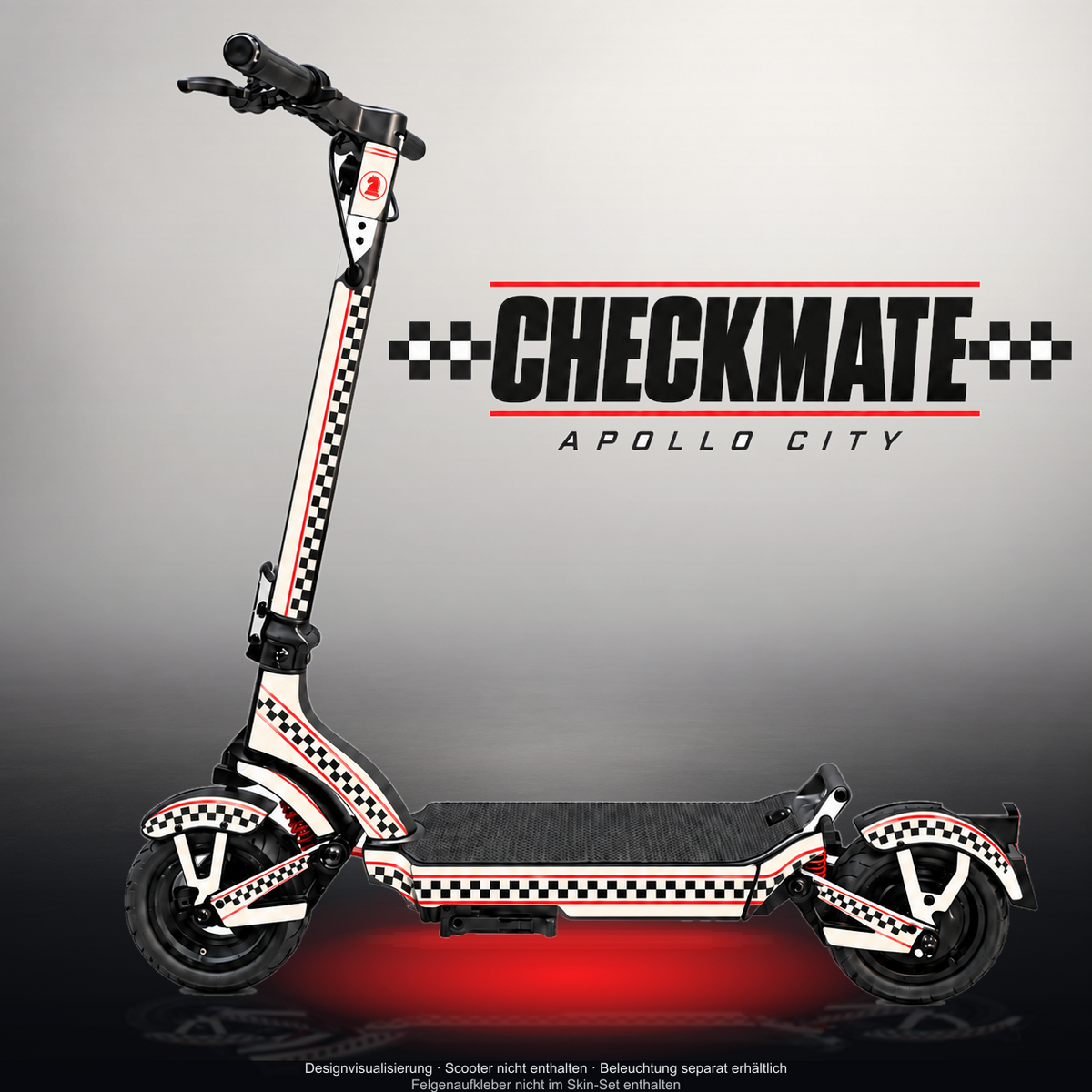 APOLLO CITY / CITY PRO (2022–2024) SKIN | CHECKMATE – Designvisualisierung mit Licht in der Skinfarbe; Scooter nicht enthalten, Beleuchtung separat erhältlich