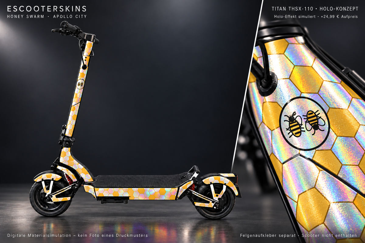APOLLO CITY / CITY PRO (2022–2024) SKIN | HONEY SWARM – Holo-Effekt simuliert; +24,99 EUR Aufpreis. Digitale Materialsimulation, keine physische Druckprobe. Nur Body-Skin; Scooter und Felgenaufkleber nicht enthalten.