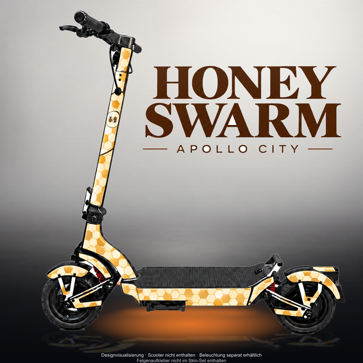 APOLLO CITY / CITY PRO (2022–2024) SKIN | HONEY SWARM – Designvisualisierung mit Licht in der Skinfarbe; Scooter nicht enthalten, Beleuchtung separat erhältlich