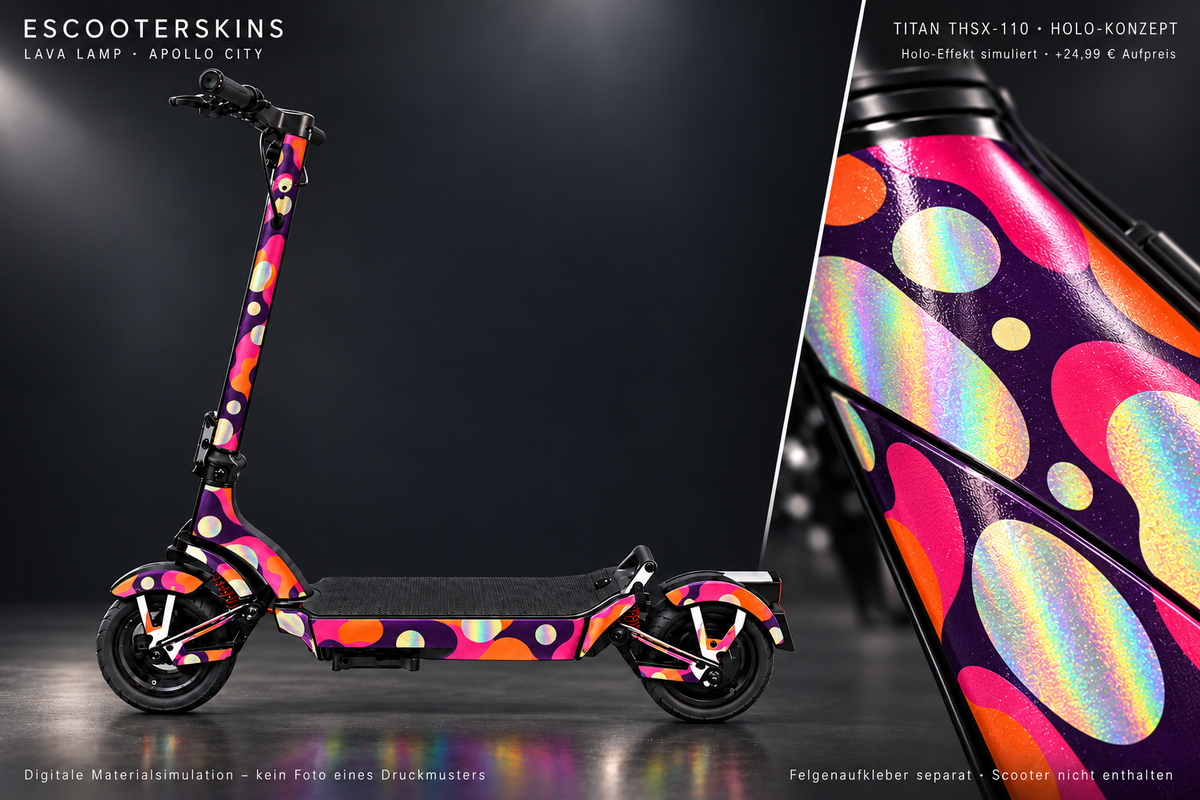 APOLLO CITY / CITY PRO (2022–2024) SKIN | LAVA LAMP – Holo-Effekt simuliert; +24,99 EUR Aufpreis. Digitale Materialsimulation, keine physische Druckprobe. Nur Body-Skin; Scooter und Felgenaufkleber nicht enthalten.