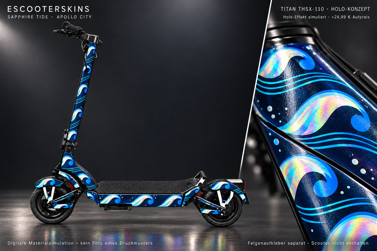 APOLLO CITY / CITY PRO (2022–2024) SKIN | SAPPHIRE TIDE – Holo-Effekt simuliert; +24,99 EUR Aufpreis. Digitale Materialsimulation, keine physische Druckprobe. Nur Body-Skin; Scooter und Felgenaufkleber nicht enthalten.