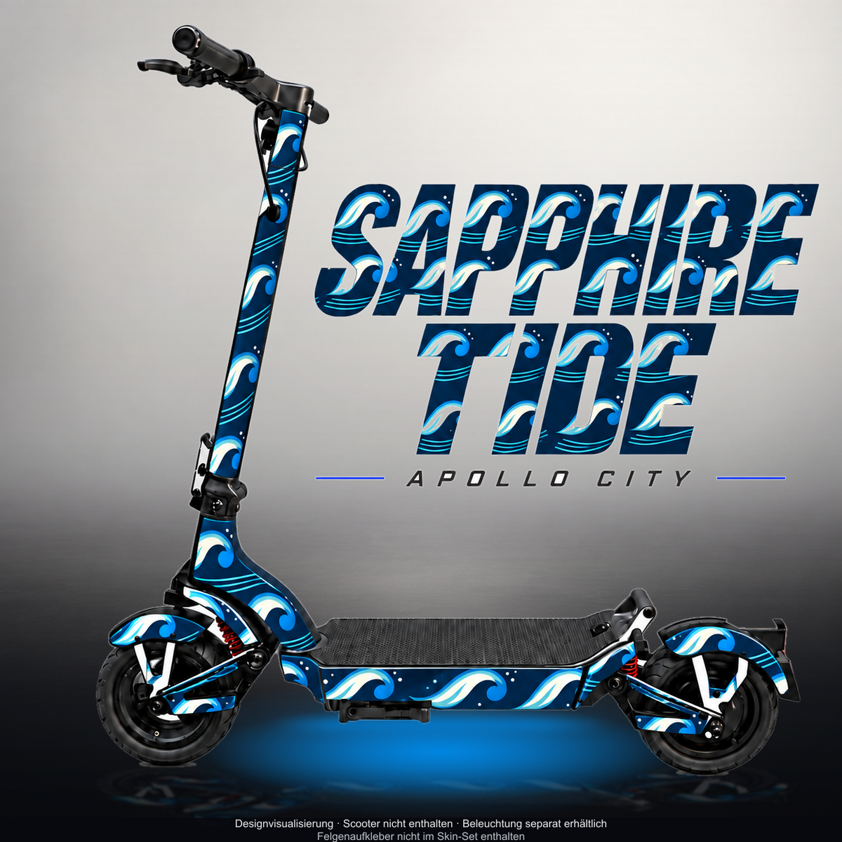 APOLLO CITY / CITY PRO (2022–2024) SKIN | SAPPHIRE TIDE – Designvisualisierung mit Licht in der Skinfarbe; Scooter nicht enthalten, Beleuchtung separat erhältlich