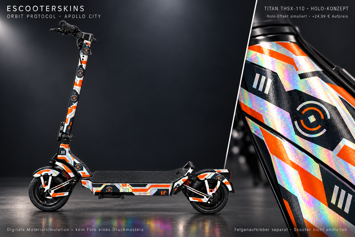 APOLLO CITY / CITY PRO (2022–2024) SKIN | ORBIT PROTOCOL – Holo-Effekt simuliert; +24,99 EUR Aufpreis. Digitale Materialsimulation, keine physische Druckprobe. Nur Body-Skin; Scooter und Felgenaufkleber nicht enthalten.
