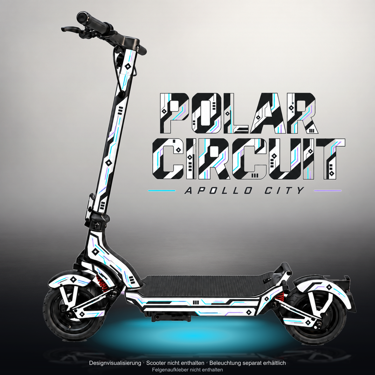 APOLLO CITY / CITY PRO (2022–2024) SKIN | POLAR CIRCUIT – Studiofoto mit Licht in der Skinfarbe; Scooter und Beleuchtung separat erhältlich