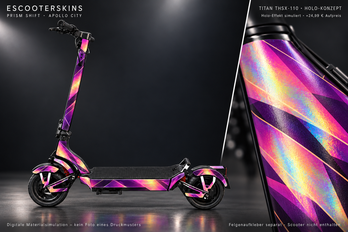 APOLLO CITY / CITY PRO (2022–2024) SKIN | PRISM SHIFT – Holo-Effekt simuliert; +24,99 EUR Aufpreis. Digitale Materialsimulation, keine physische Druckprobe. Nur Body-Skin; Scooter und Felgenaufkleber nicht enthalten.
