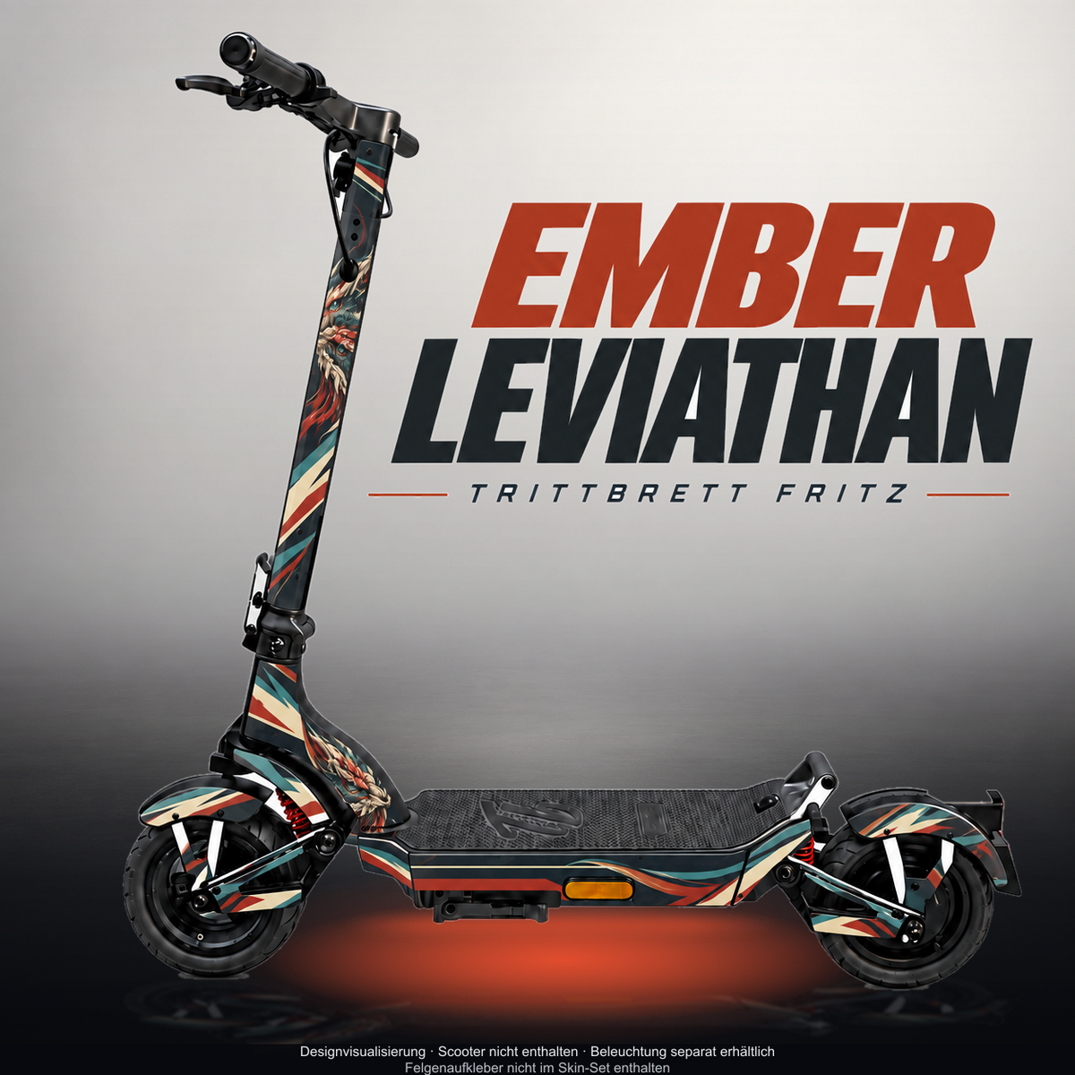 TRITTBRETT FRITZ SKIN | EMBER LEVIATHAN – Designvisualisierung mit Licht in der Skinfarbe; Scooter nicht enthalten, Beleuchtung separat erhältlich
