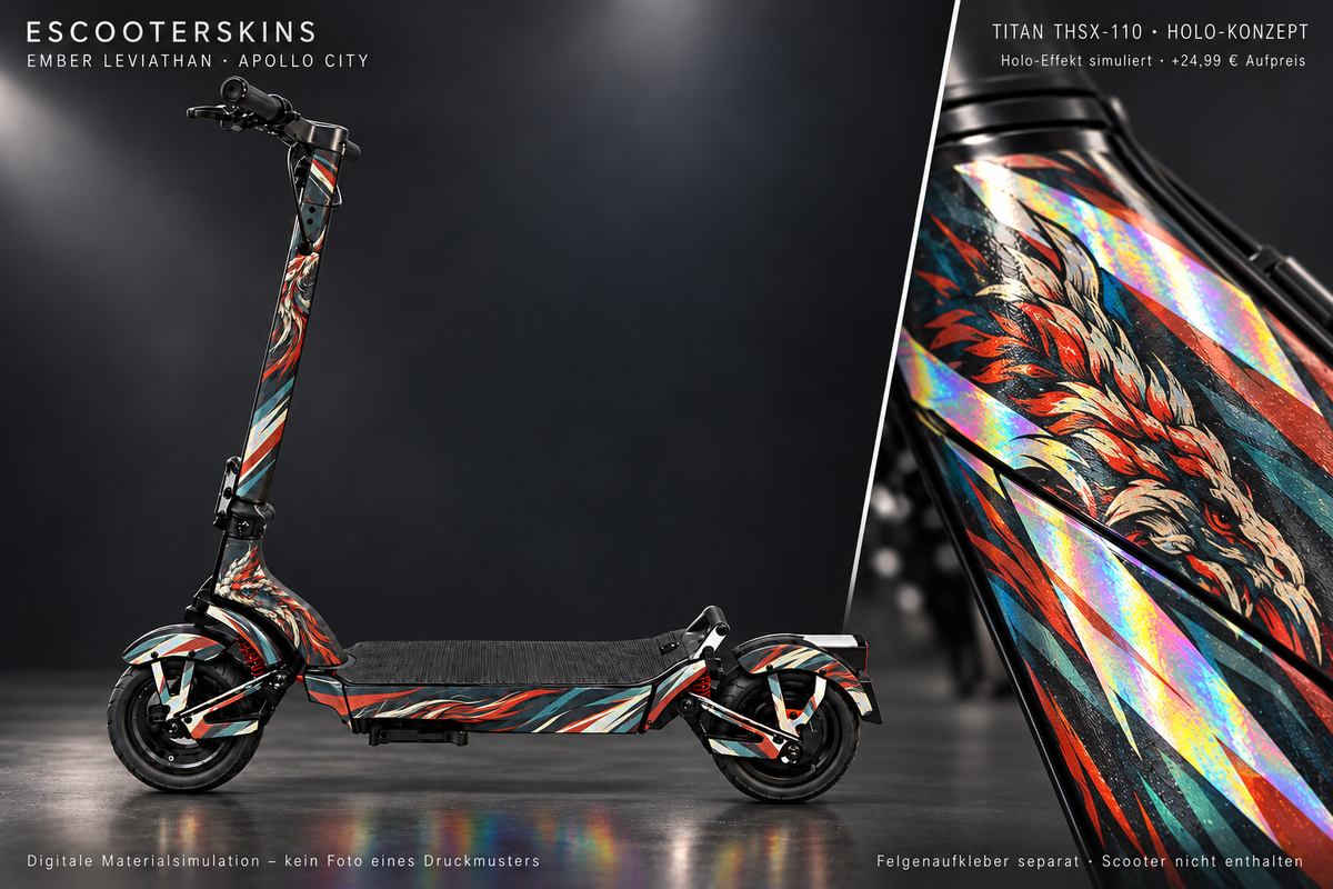 APOLLO CITY / CITY PRO (2022–2024) SKIN | EMBER LEVIATHAN – Holo-Effekt simuliert; +24,99 EUR Aufpreis. Digitale Materialsimulation, keine physische Druckprobe. Nur Body-Skin; Scooter und Felgenaufkleber nicht enthalten.