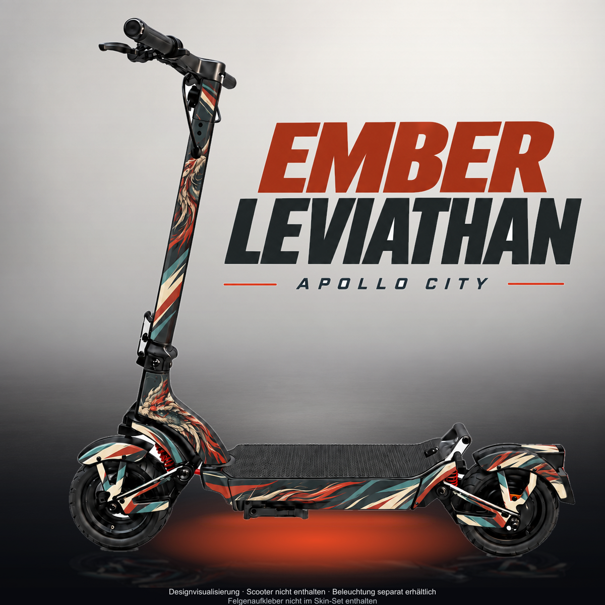 APOLLO CITY / CITY PRO (2022–2024) SKIN | EMBER LEVIATHAN – Designvisualisierung mit Licht in der Skinfarbe; Scooter nicht enthalten, Beleuchtung separat erhältlich
