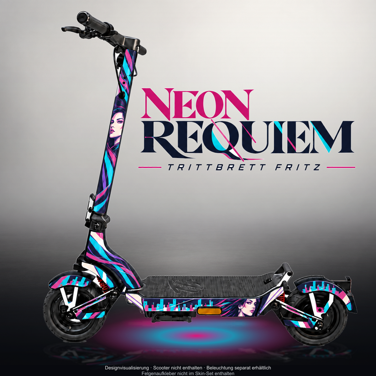 TRITTBRETT FRITZ SKIN | NEON REQUIEM – Designvisualisierung mit Licht in der Skinfarbe; Scooter nicht enthalten, Beleuchtung separat erhältlich