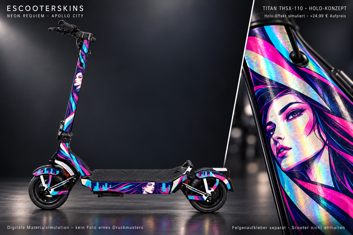 APOLLO CITY / CITY PRO (2022–2024) SKIN | NEON REQUIEM – Holo-Effekt simuliert; +24,99 EUR Aufpreis. Digitale Materialsimulation, keine physische Druckprobe. Nur Body-Skin; Scooter und Felgenaufkleber nicht enthalten.