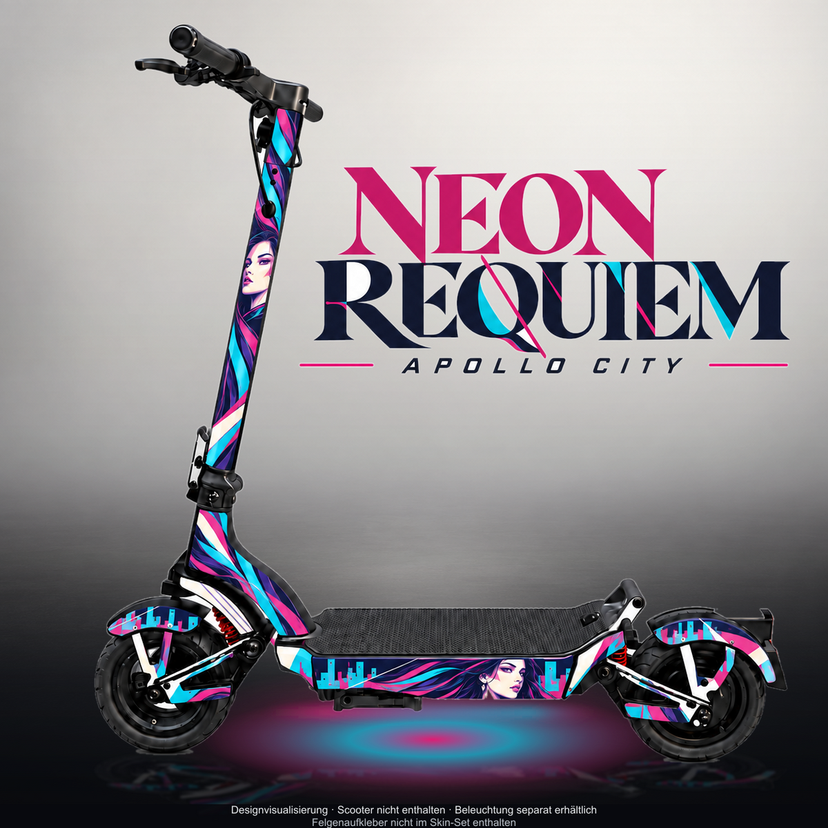 APOLLO CITY / CITY PRO (2022–2024) SKIN | NEON REQUIEM – Designvisualisierung mit Licht in der Skinfarbe; Scooter nicht enthalten, Beleuchtung separat erhältlich