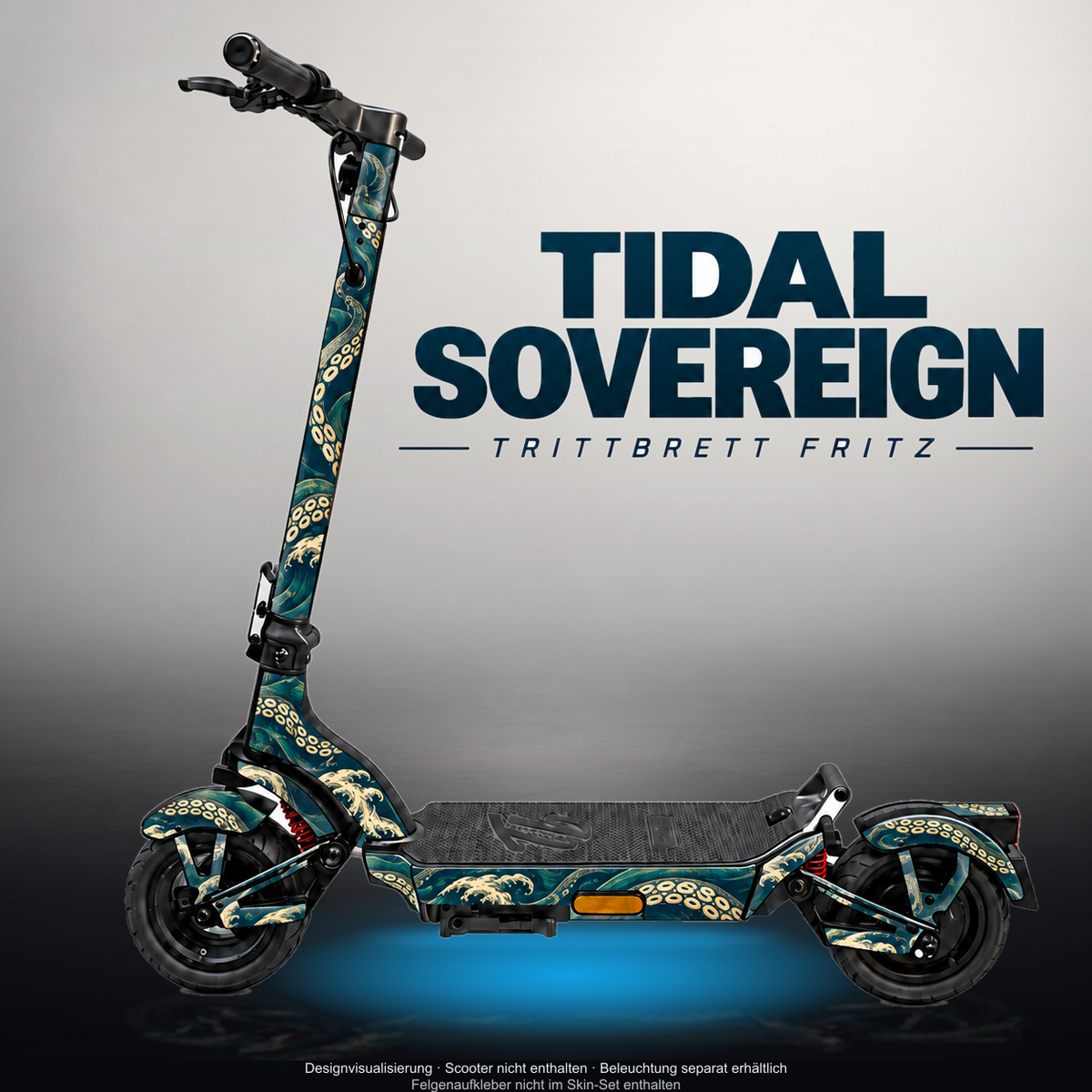 TRITTBRETT FRITZ SKIN | TIDAL SOVEREIGN – Designvisualisierung mit Licht in der Skinfarbe; Scooter nicht enthalten, Beleuchtung separat erhältlich