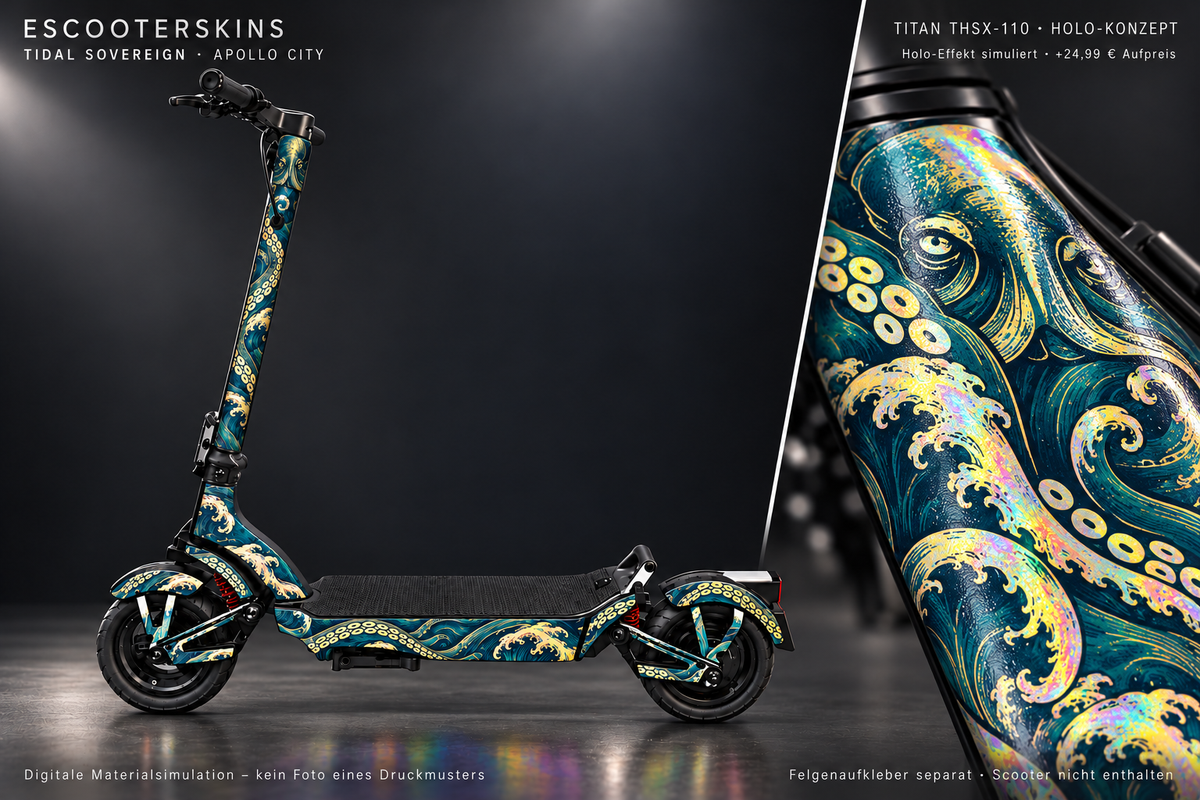 APOLLO CITY / CITY PRO (2022–2024) SKIN | TIDAL SOVEREIGN – Holo-Effekt simuliert; +24,99 EUR Aufpreis. Digitale Materialsimulation, keine physische Druckprobe. Nur Body-Skin; Scooter und Felgenaufkleber nicht enthalten.