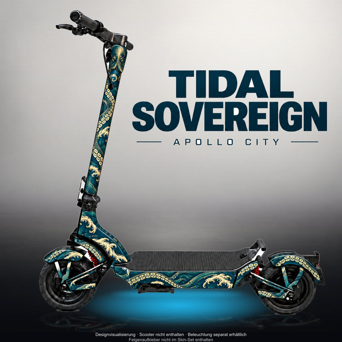 APOLLO CITY / CITY PRO (2022–2024) SKIN | TIDAL SOVEREIGN – Designvisualisierung mit Licht in der Skinfarbe; Scooter nicht enthalten, Beleuchtung separat erhältlich