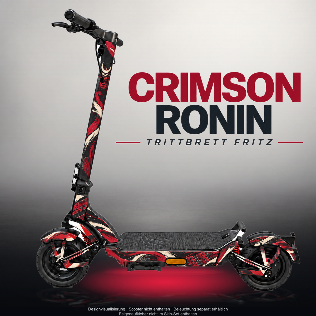 TRITTBRETT FRITZ SKIN | CRIMSON RONIN – Designvisualisierung mit Licht in der Skinfarbe; Scooter nicht enthalten, Beleuchtung separat erhältlich