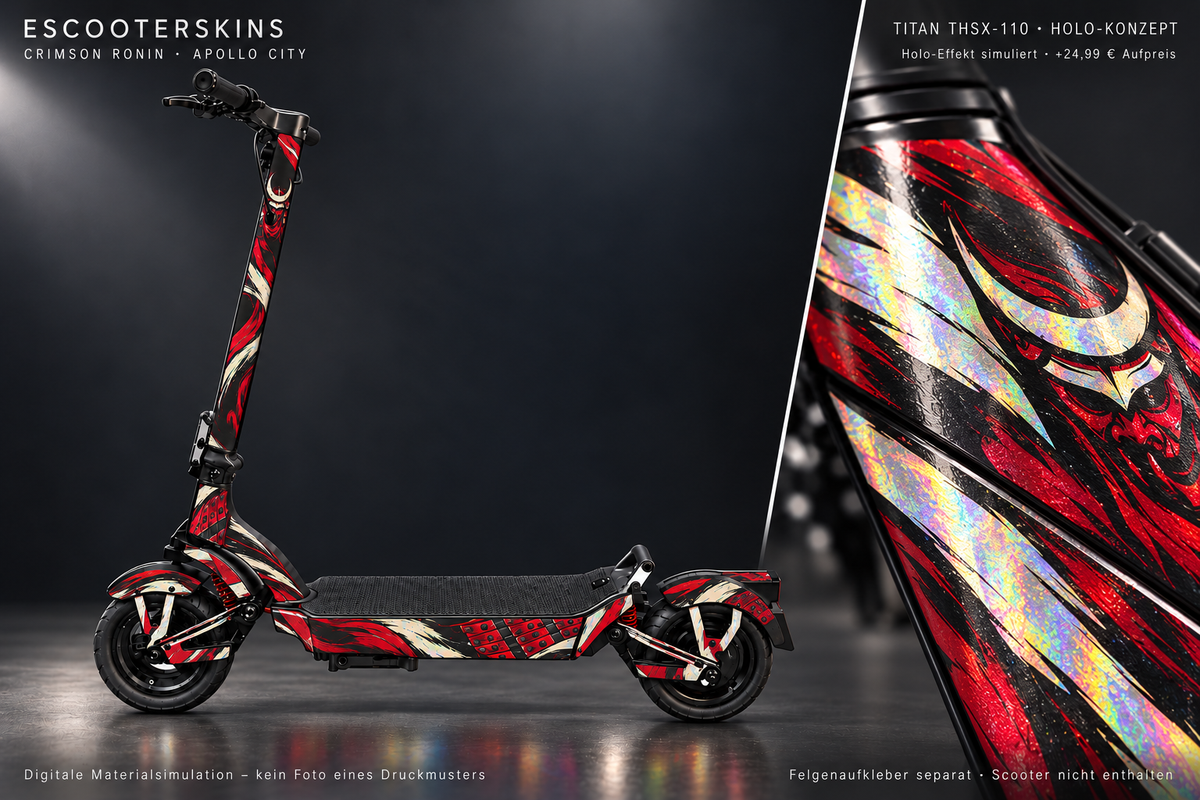 APOLLO CITY / CITY PRO (2022–2024) SKIN | CRIMSON RONIN – Holo-Effekt simuliert; +24,99 EUR Aufpreis. Digitale Materialsimulation, keine physische Druckprobe. Nur Body-Skin; Scooter und Felgenaufkleber nicht enthalten.