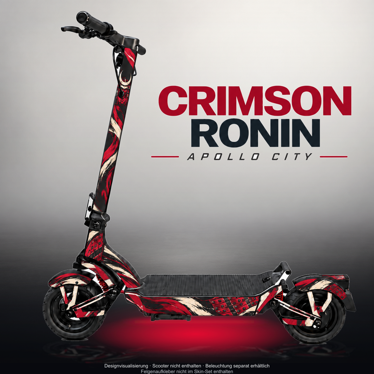 APOLLO CITY / CITY PRO (2022–2024) SKIN | CRIMSON RONIN – Designvisualisierung mit Licht in der Skinfarbe; Scooter nicht enthalten, Beleuchtung separat erhältlich