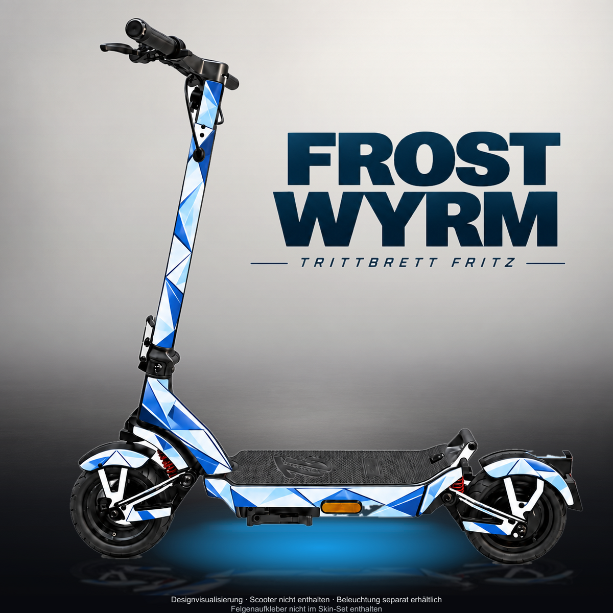 TRITTBRETT FRITZ SKIN | FROST WYRM – Designvisualisierung mit Licht in der Skinfarbe; Scooter nicht enthalten, Beleuchtung separat erhältlich