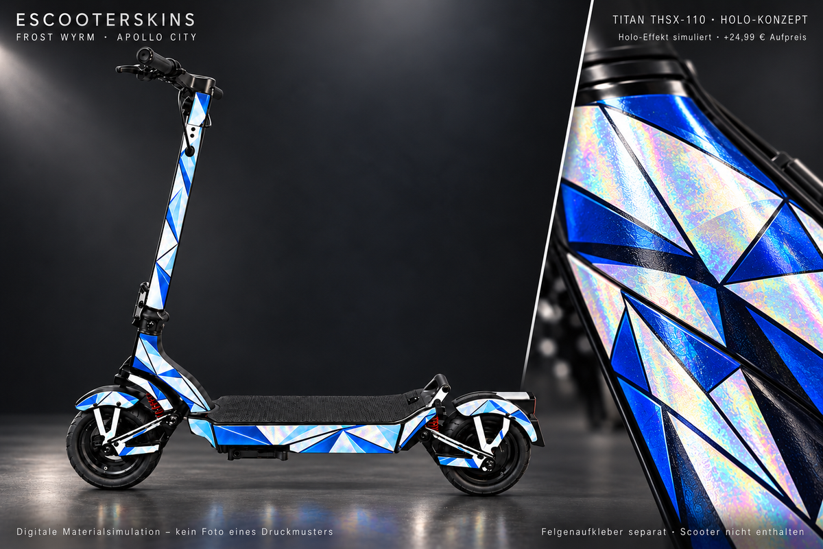 APOLLO CITY / CITY PRO (2022–2024) SKIN | FROST WYRM – Holo-Effekt simuliert; +24,99 EUR Aufpreis. Digitale Materialsimulation, keine physische Druckprobe. Nur Body-Skin; Scooter und Felgenaufkleber nicht enthalten.