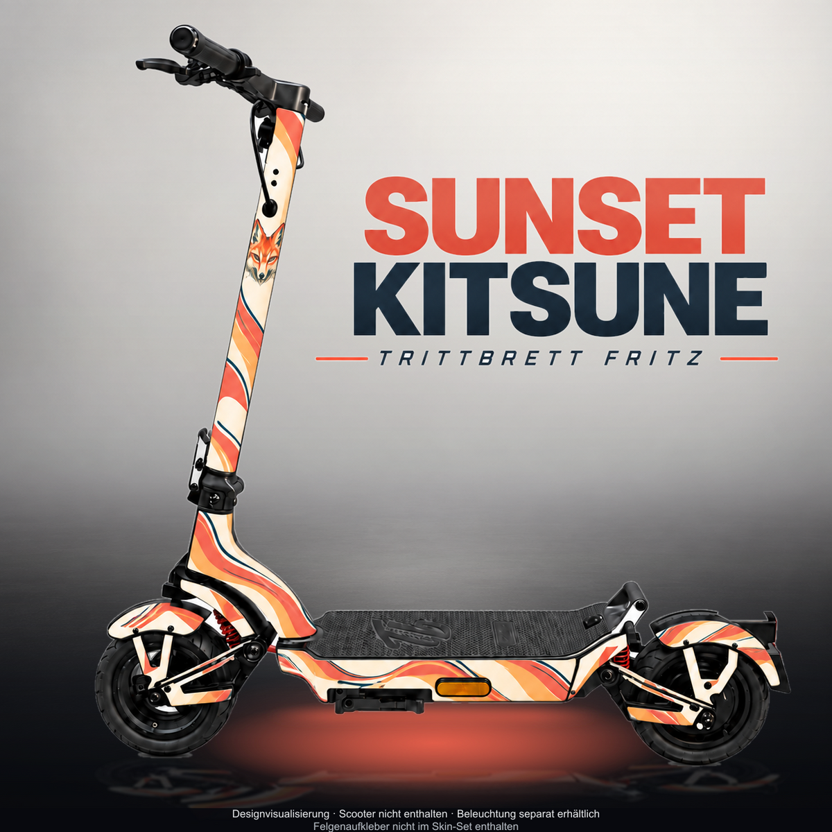 TRITTBRETT FRITZ SKIN | SUNSET KITSUNE – Designvisualisierung mit Licht in der Skinfarbe; Scooter nicht enthalten, Beleuchtung separat erhältlich