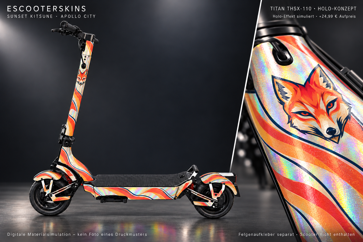 APOLLO CITY / CITY PRO (2022–2024) SKIN | SUNSET KITSUNE – Holo-Effekt simuliert; +24,99 EUR Aufpreis. Digitale Materialsimulation, keine physische Druckprobe. Nur Body-Skin; Scooter und Felgenaufkleber nicht enthalten.