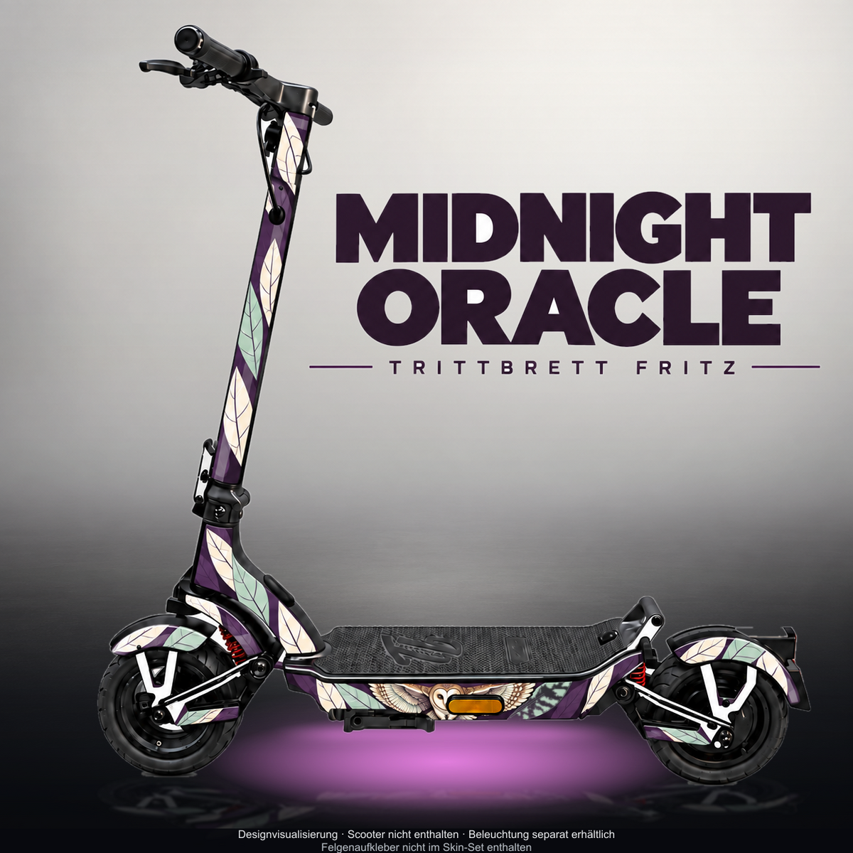 TRITTBRETT FRITZ SKIN | MIDNIGHT ORACLE – Designvisualisierung mit Licht in der Skinfarbe; Scooter nicht enthalten, Beleuchtung separat erhältlich