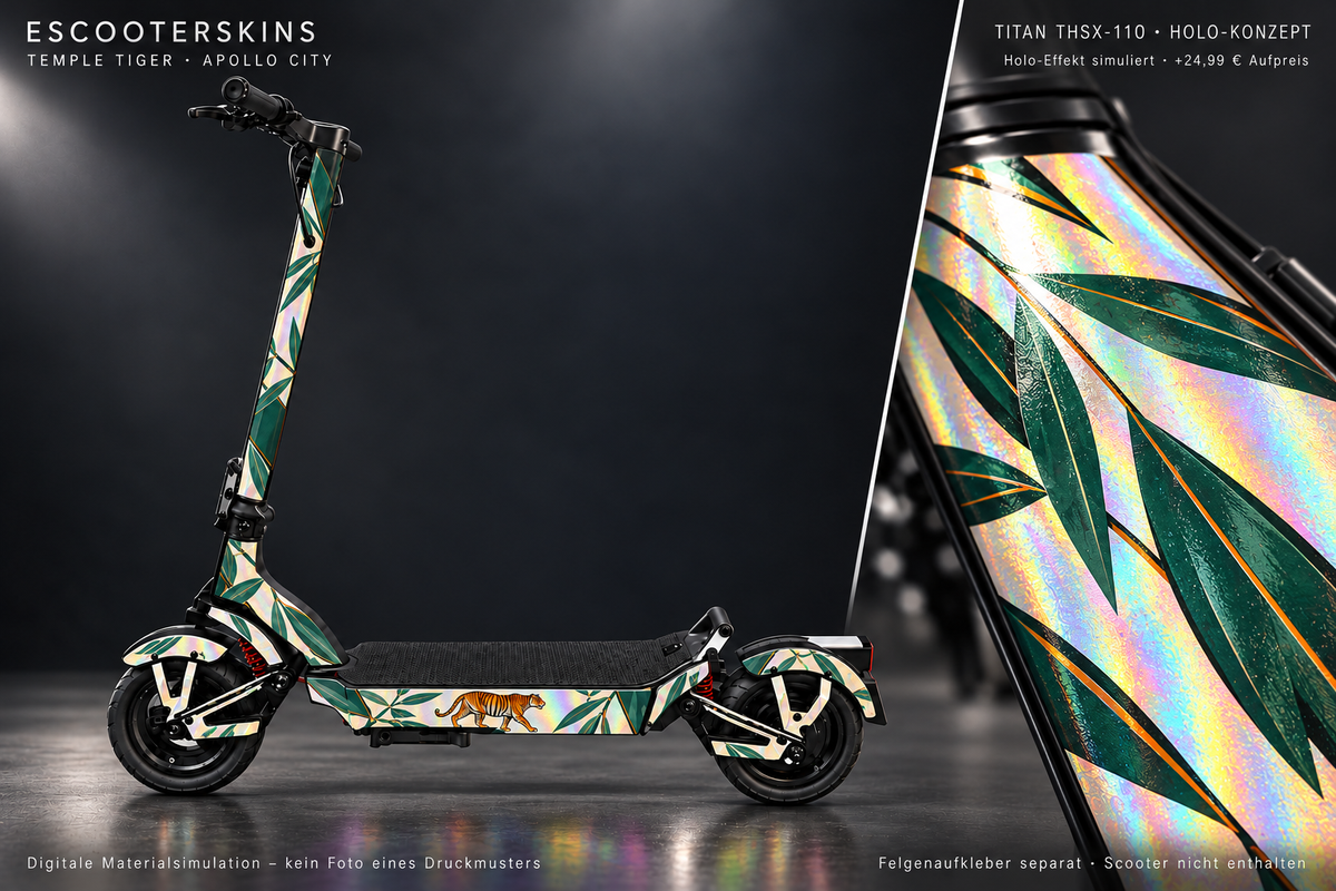 APOLLO CITY / CITY PRO (2022–2024) SKIN | TEMPLE TIGER – Holo-Effekt simuliert; +24,99 EUR Aufpreis. Digitale Materialsimulation, keine physische Druckprobe. Nur Body-Skin; Scooter und Felgenaufkleber nicht enthalten.