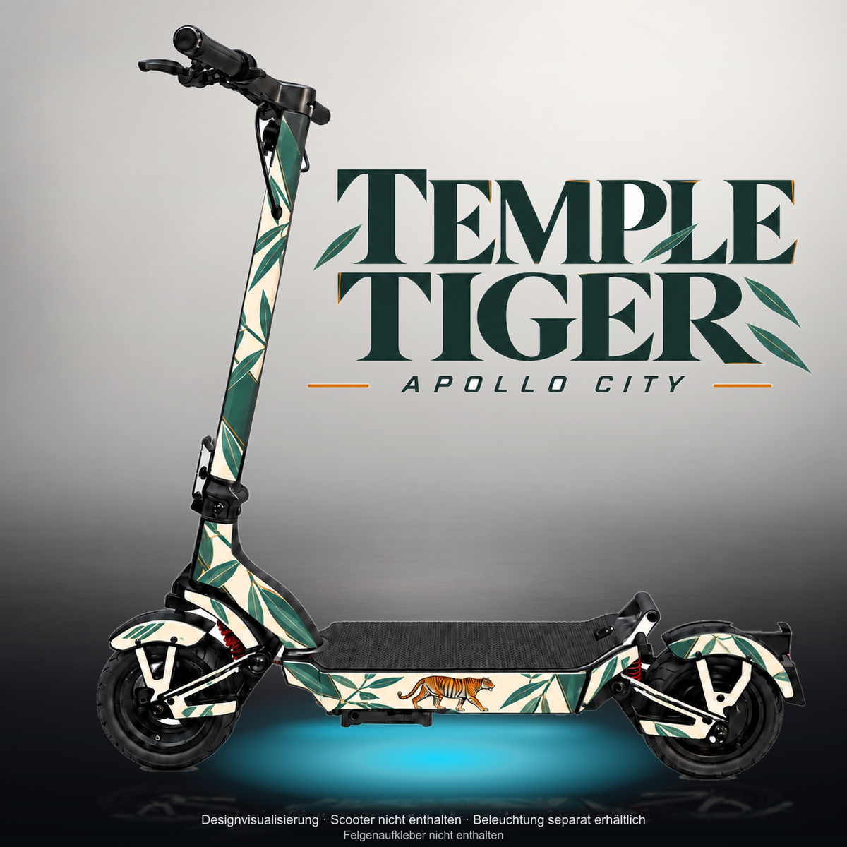 APOLLO CITY / CITY PRO (2022–2024) SKIN | TEMPLE TIGER – Studiofoto mit Licht in der Skinfarbe; Scooter und Beleuchtung separat erhältlich